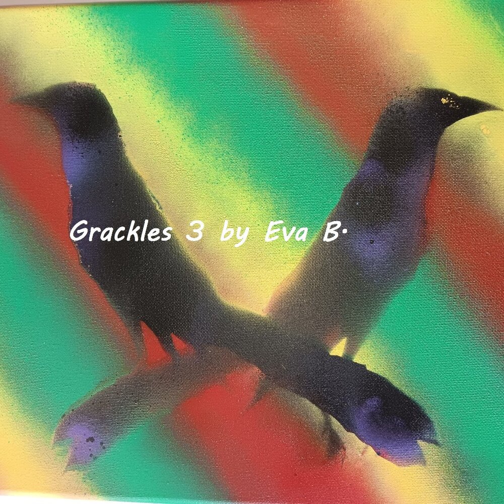 Handmade Painting Of Two Great Tailed Grackles In Black Red Green Yellow 14x11